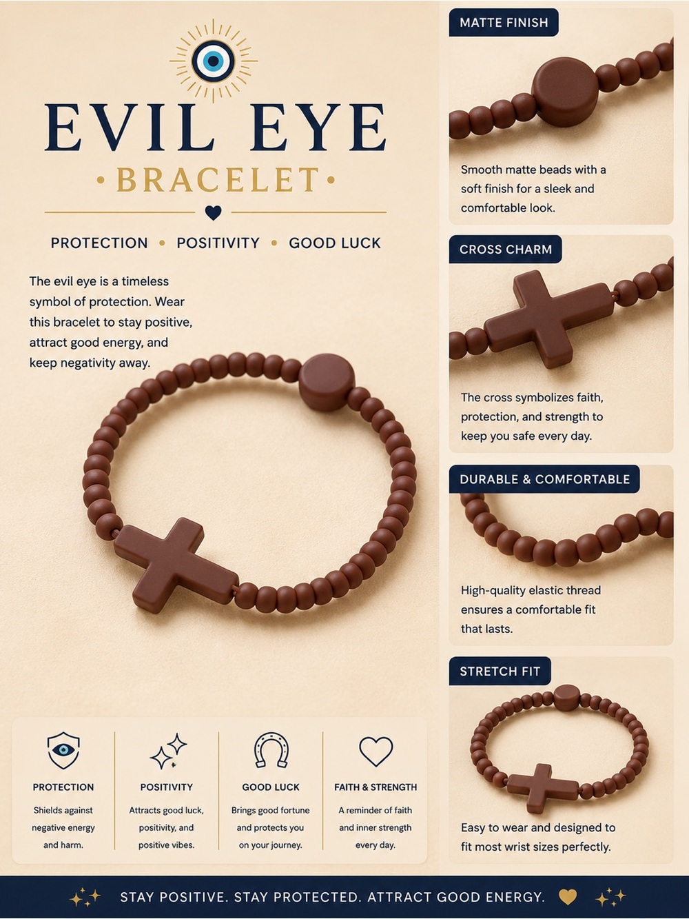 Evil Eye Bracelet — Brown Cross silicone Bracelet